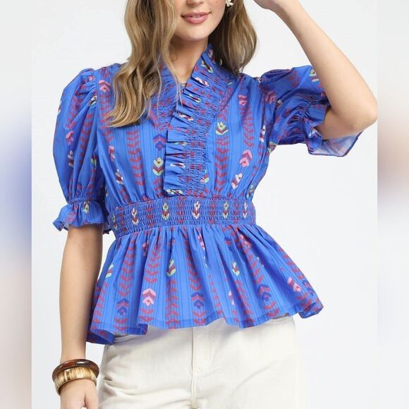Umgee USA  Printed Half Sleeve Peplum Blouse Vibrant Blue CottageCore S M L - Picture 2 of 5